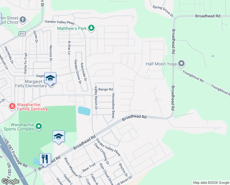map of restaurants, bars, coffee shops, grocery stores, and more near 113 Piper Parkway in Waxahachie