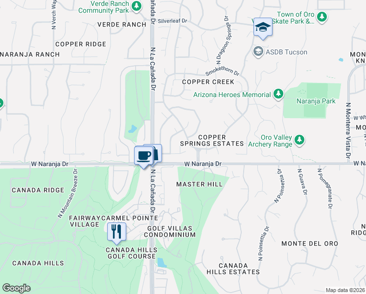 map of restaurants, bars, coffee shops, grocery stores, and more near 11268 Running River in Tucson