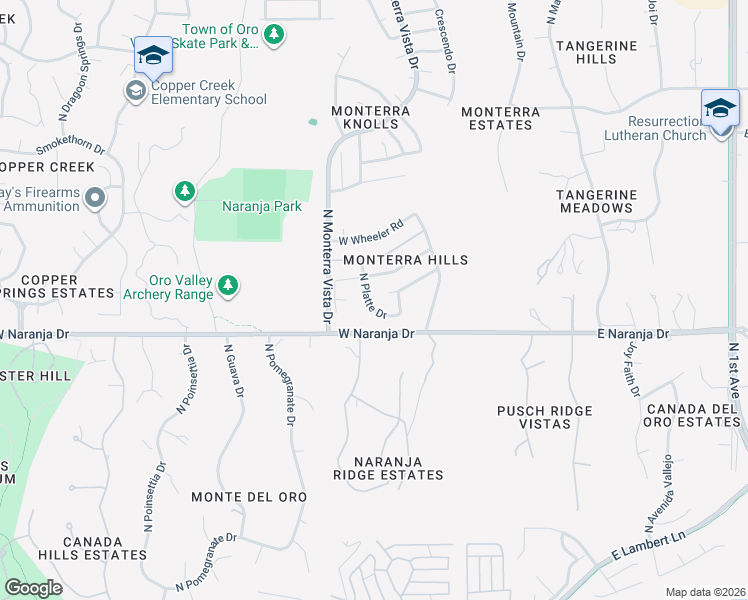 map of restaurants, bars, coffee shops, grocery stores, and more near 11256 Platte Drive in Tucson