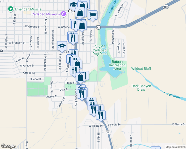 map of restaurants, bars, coffee shops, grocery stores, and more near East Plaza Street in Carlsbad