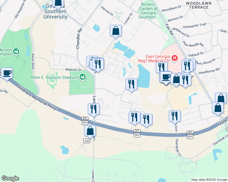 map of restaurants, bars, coffee shops, grocery stores, and more near 814 Robin Hood Trail in Statesboro