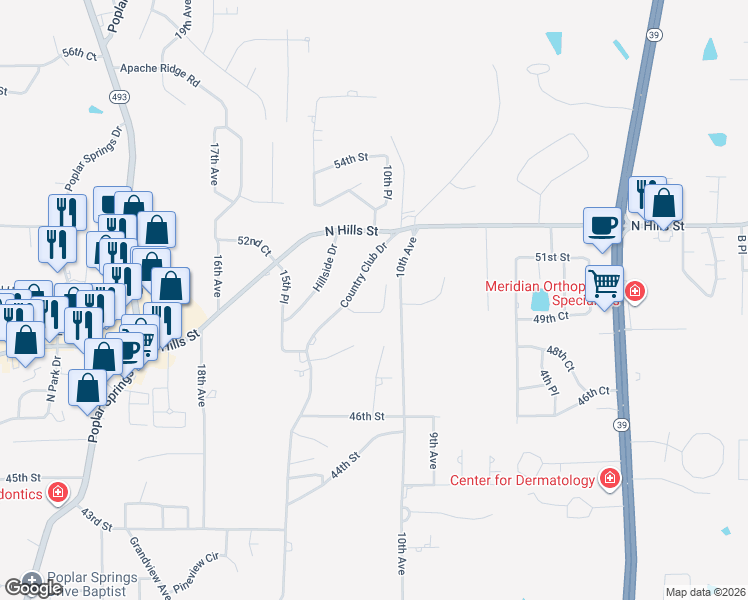 map of restaurants, bars, coffee shops, grocery stores, and more near 4916-4930 Country Club Place in Meridian
