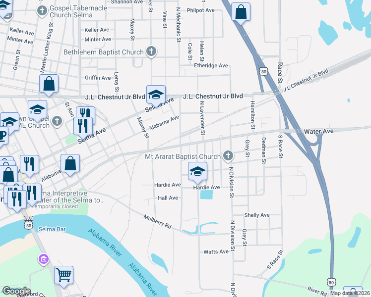 map of restaurants, bars, coffee shops, grocery stores, and more near 2521 Perham Ave in Selma