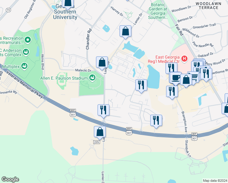 map of restaurants, bars, coffee shops, grocery stores, and more near 605 Little John Court in Statesboro