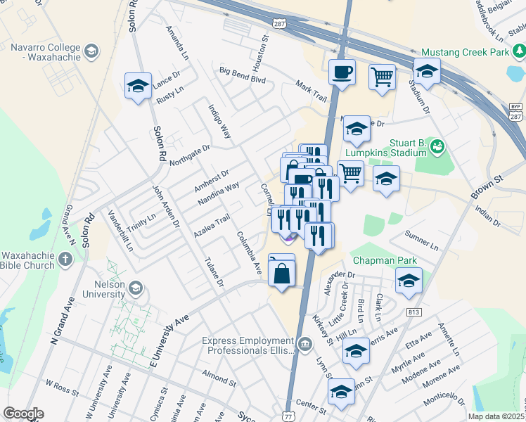 map of restaurants, bars, coffee shops, grocery stores, and more near 813 Hibiscus Trail in Waxahachie