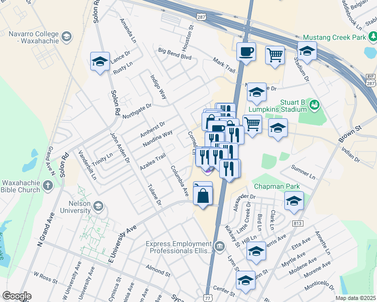 map of restaurants, bars, coffee shops, grocery stores, and more near 813 Hibiscus Trail in Waxahachie