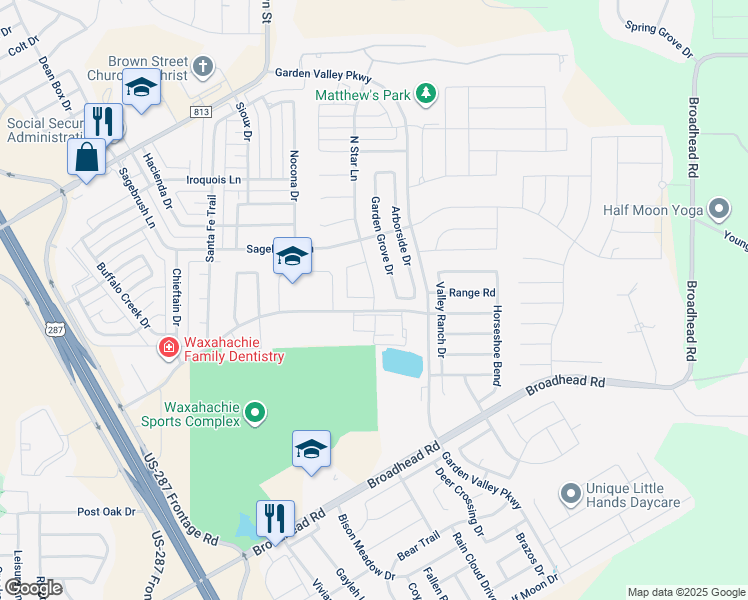 map of restaurants, bars, coffee shops, grocery stores, and more near 100 North Star Lane in Waxahachie