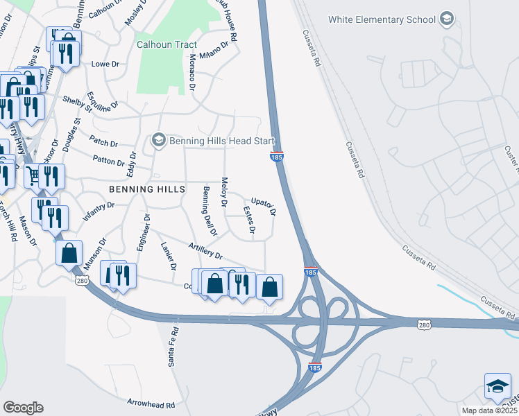 map of restaurants, bars, coffee shops, grocery stores, and more near 23 Upatoi Drive in Columbus