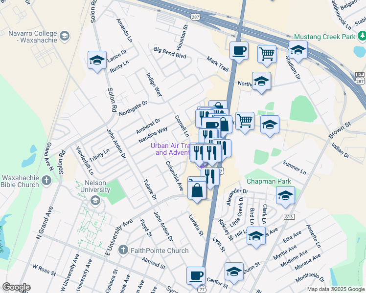 map of restaurants, bars, coffee shops, grocery stores, and more near 819 Hibiscus Trail in Waxahachie