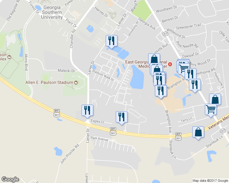 map of restaurants, bars, coffee shops, grocery stores, and more near 186 Stadium Walk Drive in Statesboro