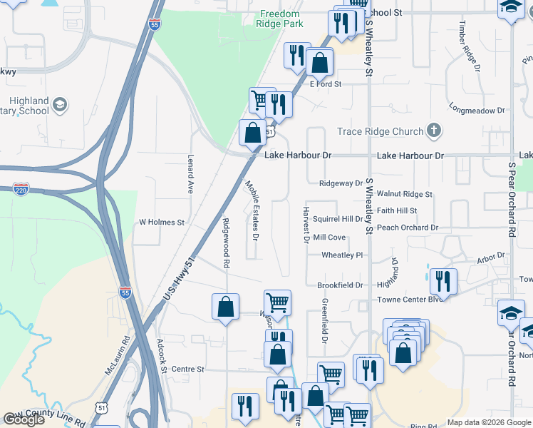 map of restaurants, bars, coffee shops, grocery stores, and more near 626 Ralde Circle in Ridgeland