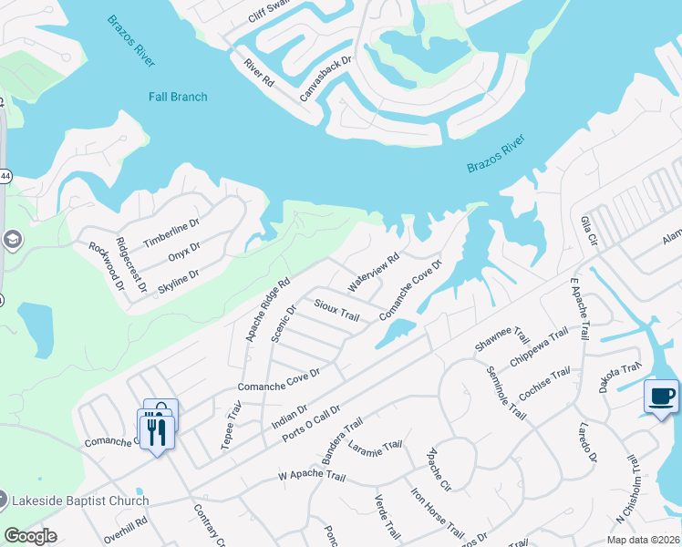 map of restaurants, bars, coffee shops, grocery stores, and more near 1203 Waterview Road in Granbury