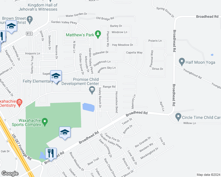 map of restaurants, bars, coffee shops, grocery stores, and more near 216 Range Road in Waxahachie