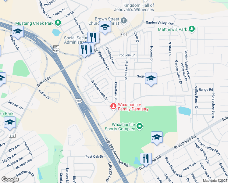 map of restaurants, bars, coffee shops, grocery stores, and more near 114 Chieftan Drive in Waxahachie
