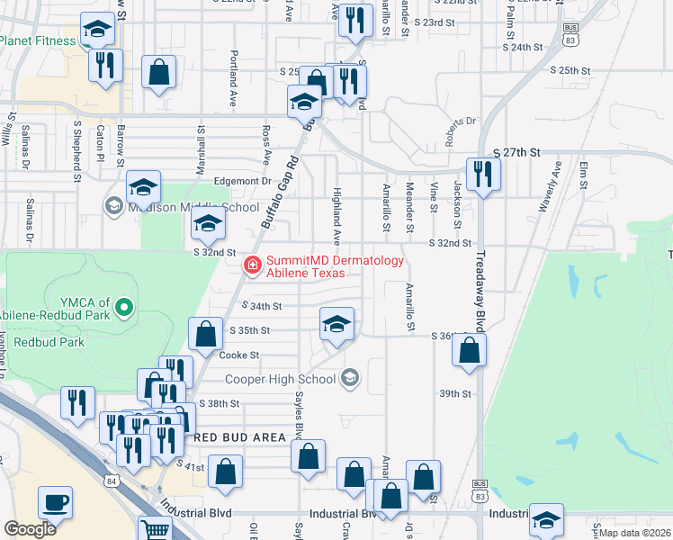map of restaurants, bars, coffee shops, grocery stores, and more near 2178 South 33rd Street in Abilene
