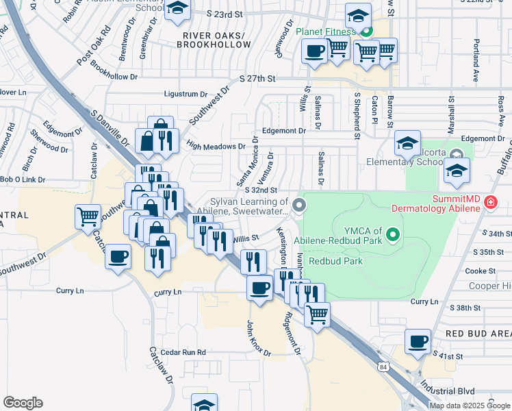 map of restaurants, bars, coffee shops, grocery stores, and more near 3401 South 32nd Street in Abilene