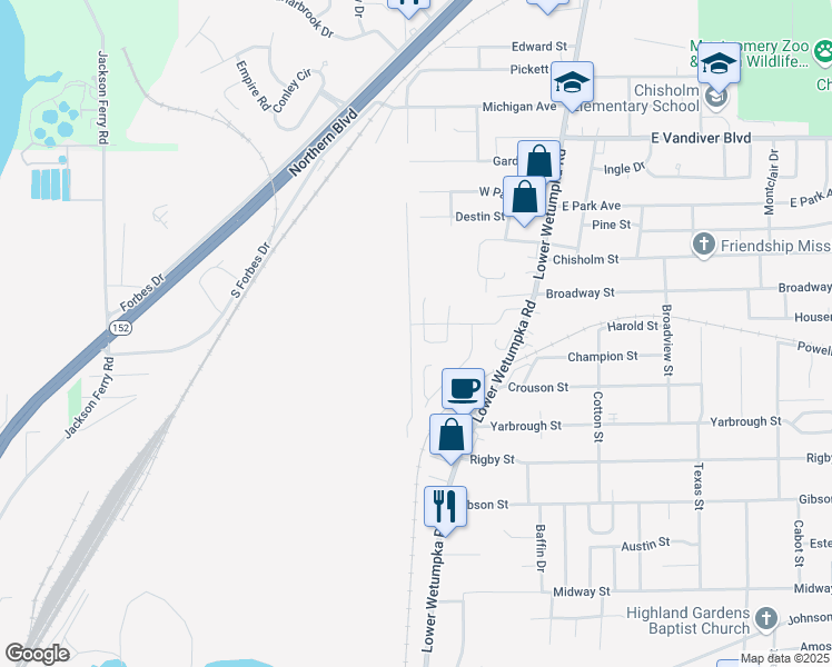 map of restaurants, bars, coffee shops, grocery stores, and more near 3545 Jason Court in Montgomery
