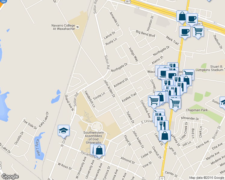 map of restaurants, bars, coffee shops, grocery stores, and more near 819 Nandina Way in Waxahachie