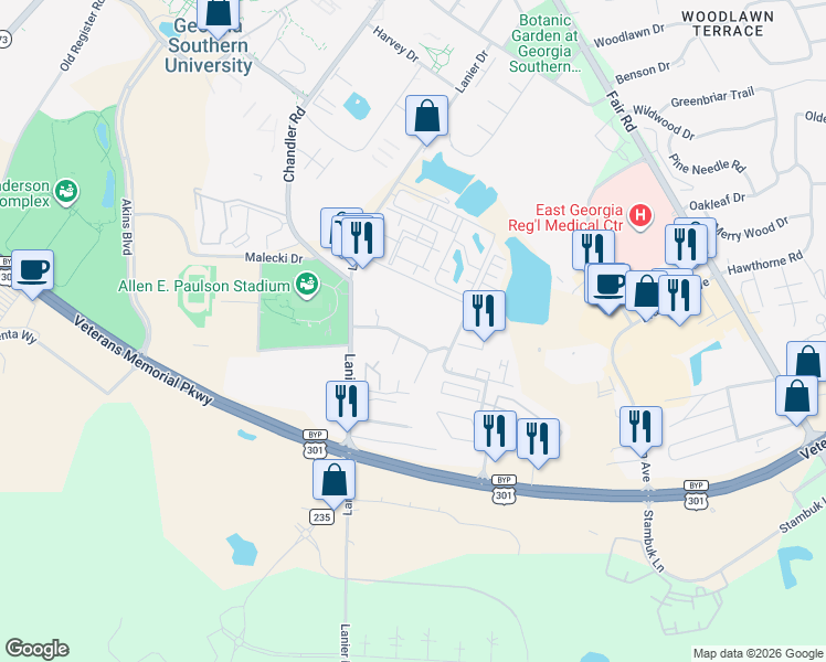 map of restaurants, bars, coffee shops, grocery stores, and more near 814 Robin Hood Trail in Statesboro