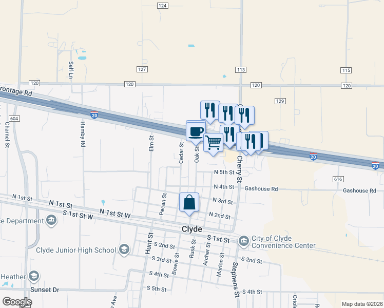 map of restaurants, bars, coffee shops, grocery stores, and more near 504 Oak Street in Clyde