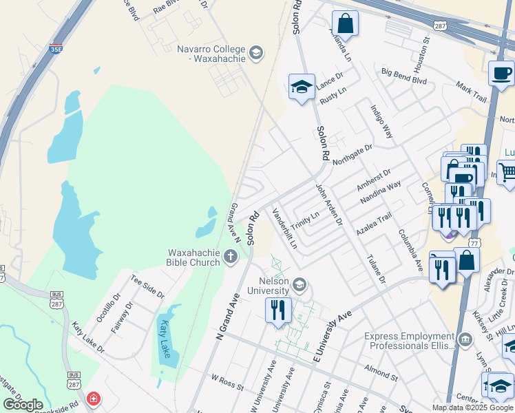 map of restaurants, bars, coffee shops, grocery stores, and more near 115 Solon Road in Waxahachie