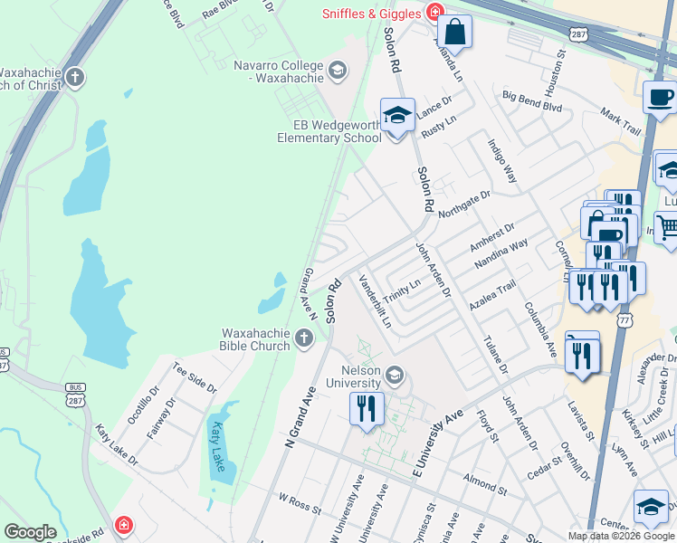 map of restaurants, bars, coffee shops, grocery stores, and more near 114 Lawndale Drive in Waxahachie