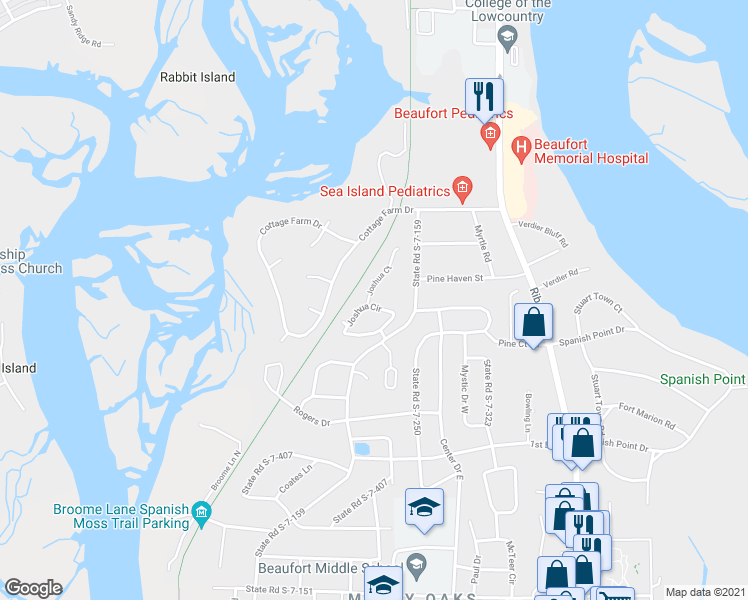 map of restaurants, bars, coffee shops, grocery stores, and more near 2652 Joshua Circle in Beaufort