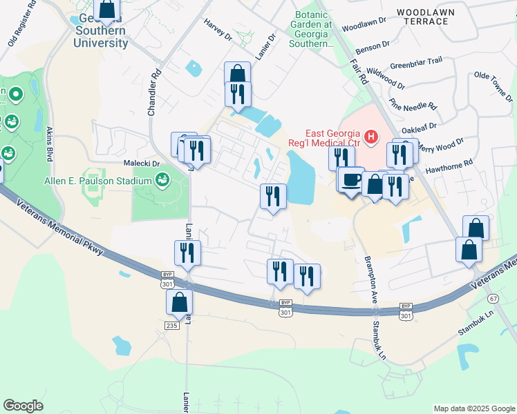 map of restaurants, bars, coffee shops, grocery stores, and more near 214 Statesboro Place Circle in Statesboro