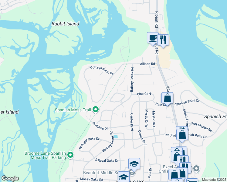 map of restaurants, bars, coffee shops, grocery stores, and more near 410 Joshua Court in Beaufort