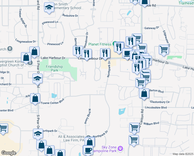 map of restaurants, bars, coffee shops, grocery stores, and more near 711 Lake Harbour Drive in Ridgeland
