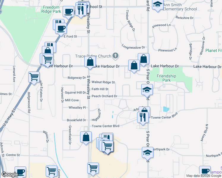 map of restaurants, bars, coffee shops, grocery stores, and more near 229 Walnut Ridge Street in Ridgeland