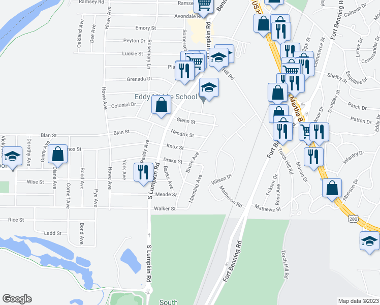 map of restaurants, bars, coffee shops, grocery stores, and more near 3214 Knox Street in Columbus