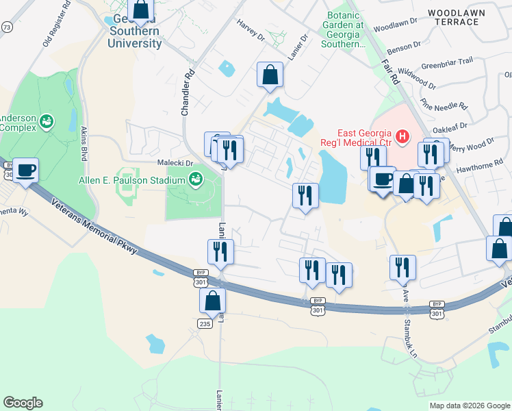 map of restaurants, bars, coffee shops, grocery stores, and more near 69 Stadium Walk Drive in Statesboro