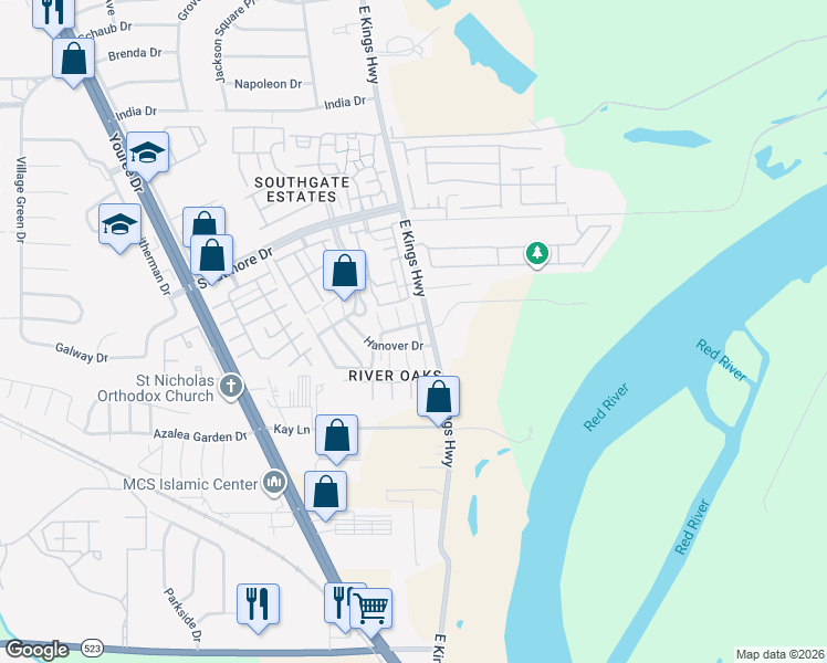 map of restaurants, bars, coffee shops, grocery stores, and more near 10204 Los Altos Drive in Shreveport