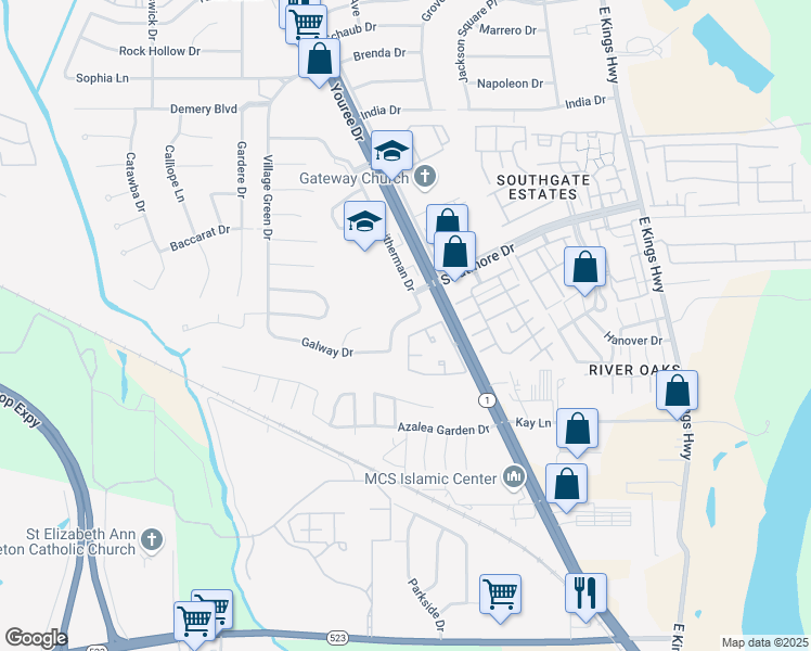 map of restaurants, bars, coffee shops, grocery stores, and more near 10039 Smitherman Drive in Shreveport
