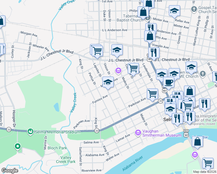 map of restaurants, bars, coffee shops, grocery stores, and more near 514 Mcleod Avenue in Selma