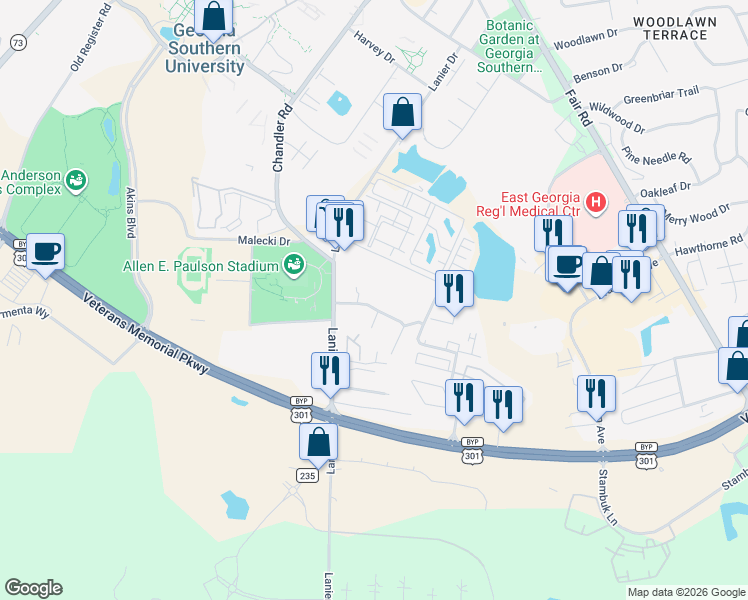 map of restaurants, bars, coffee shops, grocery stores, and more near 69 Stadium Walk Drive in Statesboro