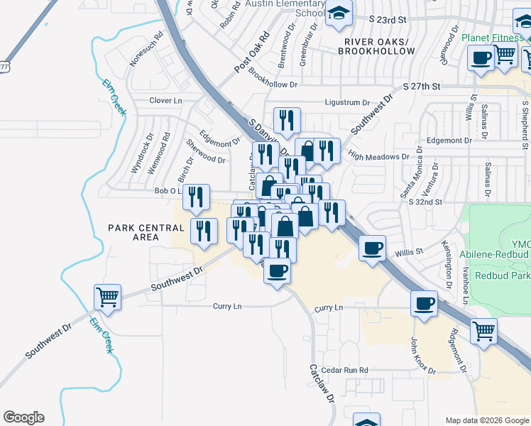 map of restaurants, bars, coffee shops, grocery stores, and more near 3112 South Clack Street in Abilene