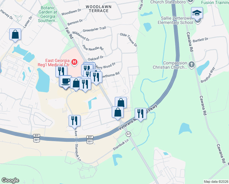 map of restaurants, bars, coffee shops, grocery stores, and more near 49 Somerset in Statesboro