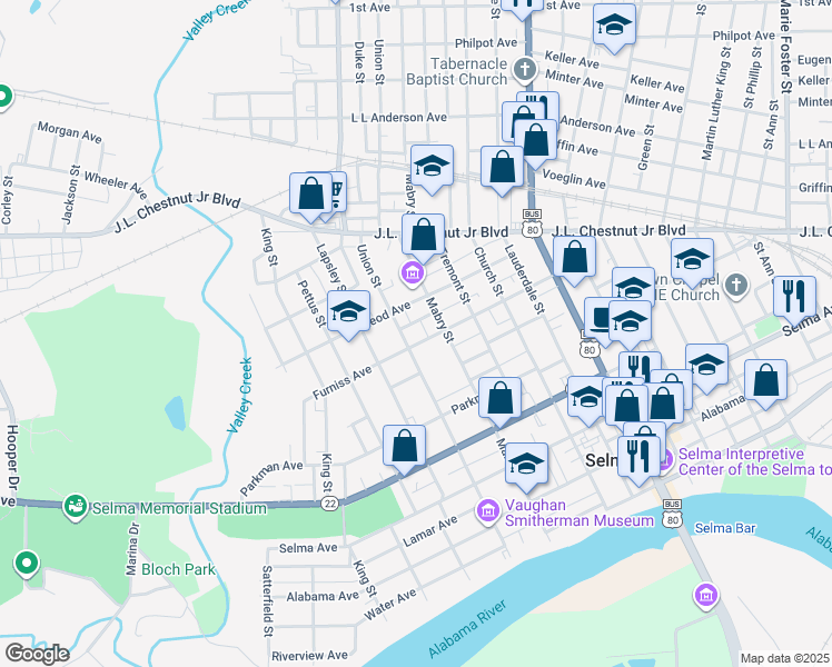 map of restaurants, bars, coffee shops, grocery stores, and more near 605 Furniss Avenue in Selma