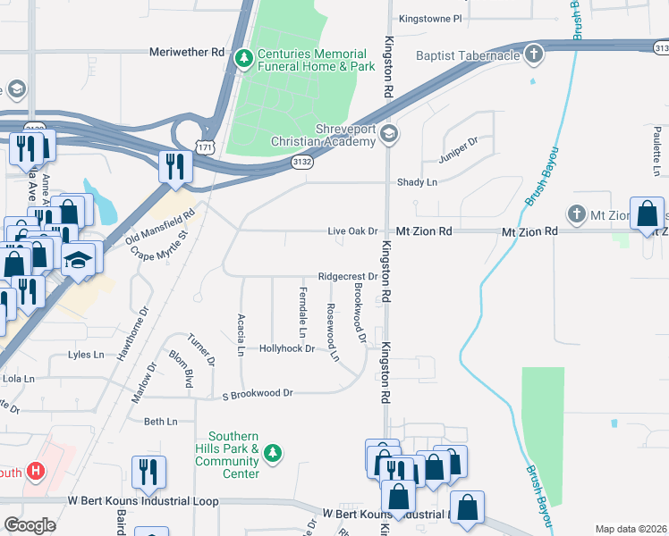 map of restaurants, bars, coffee shops, grocery stores, and more near 1829 Live Oak Drive in Shreveport