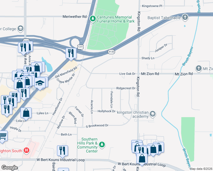 map of restaurants, bars, coffee shops, grocery stores, and more near 1856 Ridgecrest Drive in Shreveport