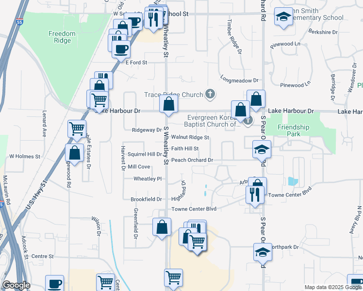 map of restaurants, bars, coffee shops, grocery stores, and more near 218 Faith Hill Street in Ridgeland