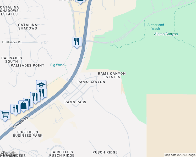 map of restaurants, bars, coffee shops, grocery stores, and more near 11336 North Flat Granite Drive in Oro Valley