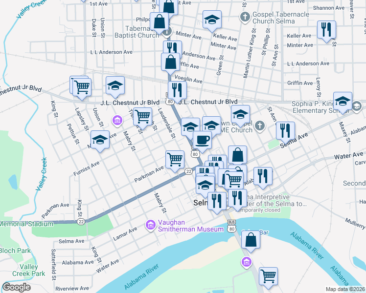 map of restaurants, bars, coffee shops, grocery stores, and more near 437 Broad Street in Selma