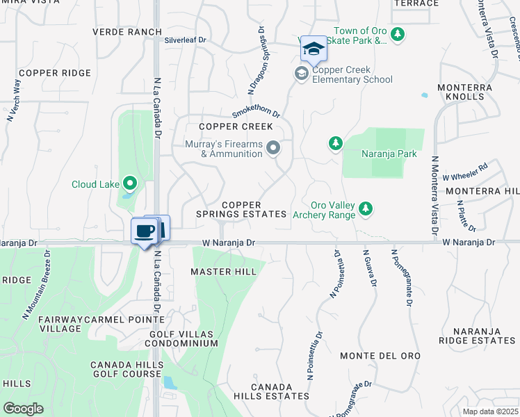 map of restaurants, bars, coffee shops, grocery stores, and more near 11316 North Copper Spring Trail in Tucson