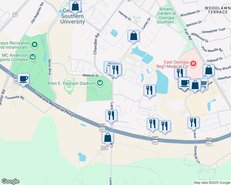 map of restaurants, bars, coffee shops, grocery stores, and more near 202 Lanier Drive in Statesboro