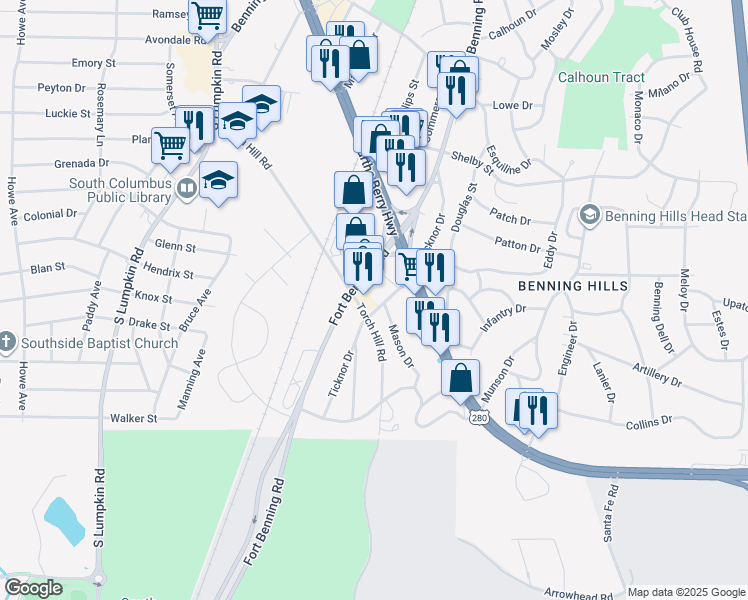 map of restaurants, bars, coffee shops, grocery stores, and more near 2229 Ticknor Drive in Columbus