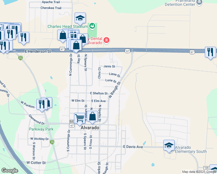 map of restaurants, bars, coffee shops, grocery stores, and more near 110 Lorie Street in Alvarado