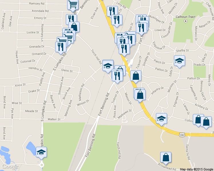 map of restaurants, bars, coffee shops, grocery stores, and more near 2311 Fort Benning Road in Columbus